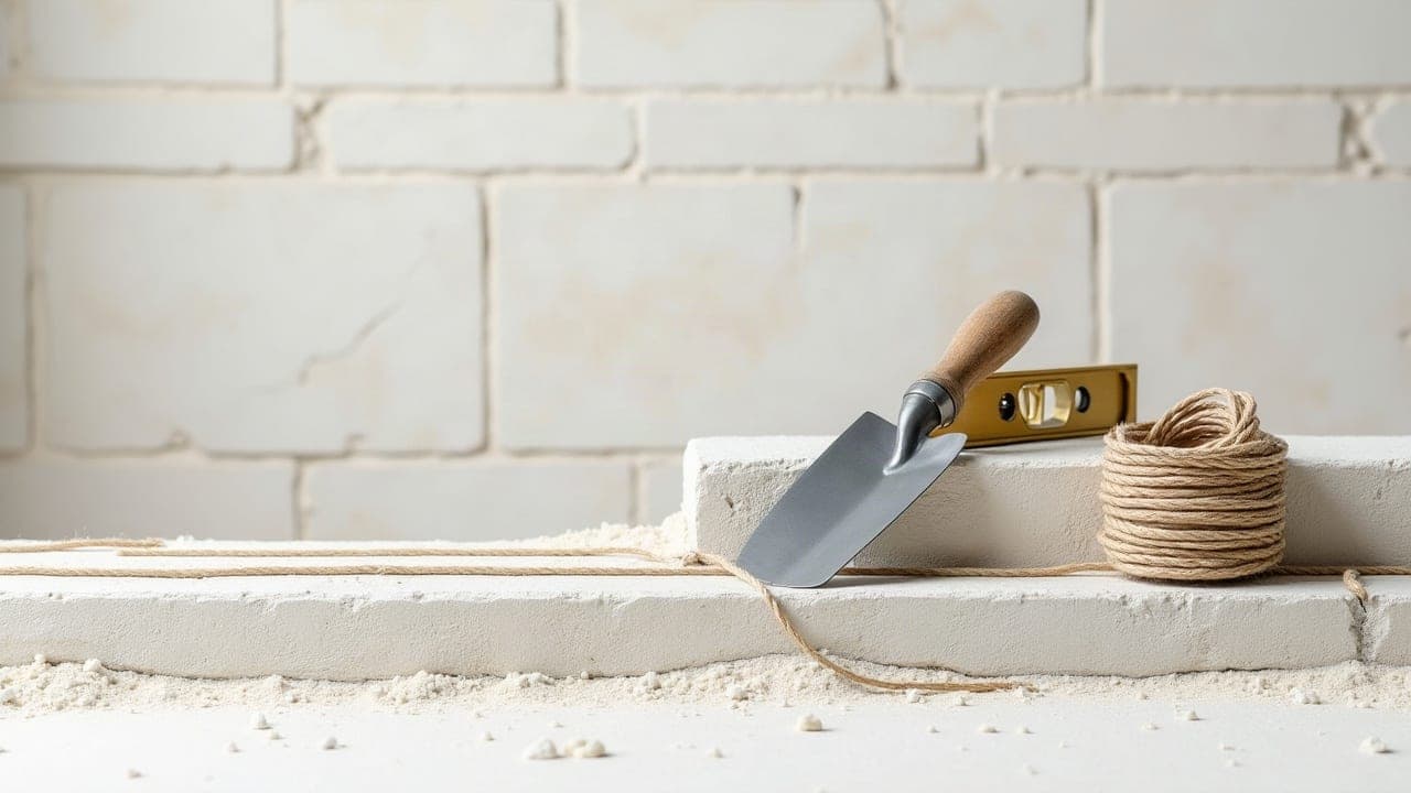 Truelle, niveau et cordeau de maçon posés sur une assise de pierre calcaire fraîchement montée