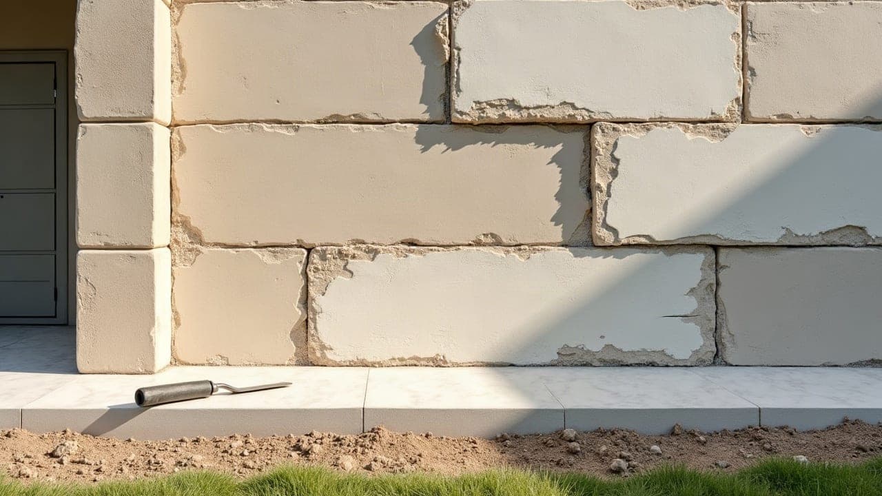 Fissure en escalier sur un enduit de façade purgée sur son pourtour, mortier de reprise clair appliqué à la spatule autour de l'ouverture de la fissure