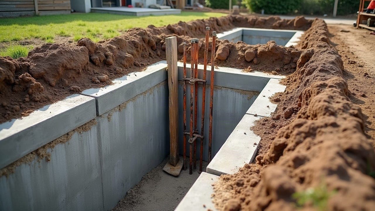 Tranchée ouverte au pied d'un mur de fondation existant, section de reprise en béton coulée par plots successifs, étaiement métallique de sécurité en place