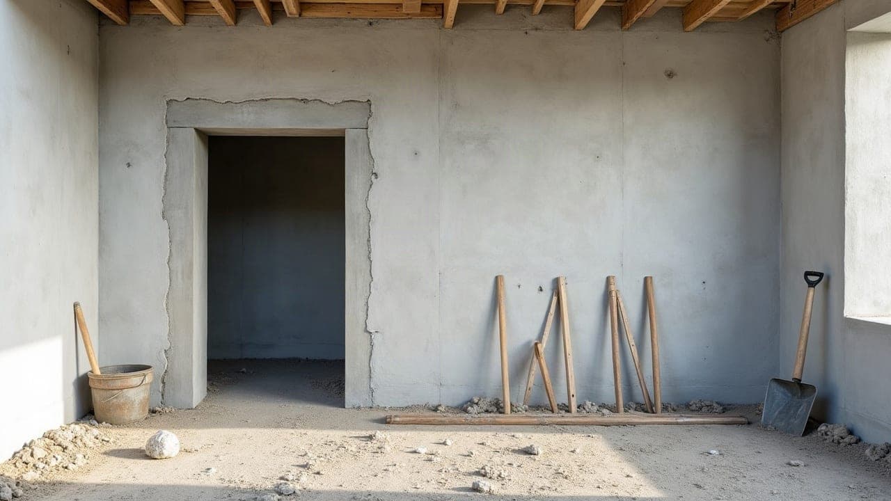 Trémie fraîchement ouverte dans un mur porteur intérieur, linteau en béton apparent au-dessus de l'ouverture, gravats évacués et pièce en cours de finition